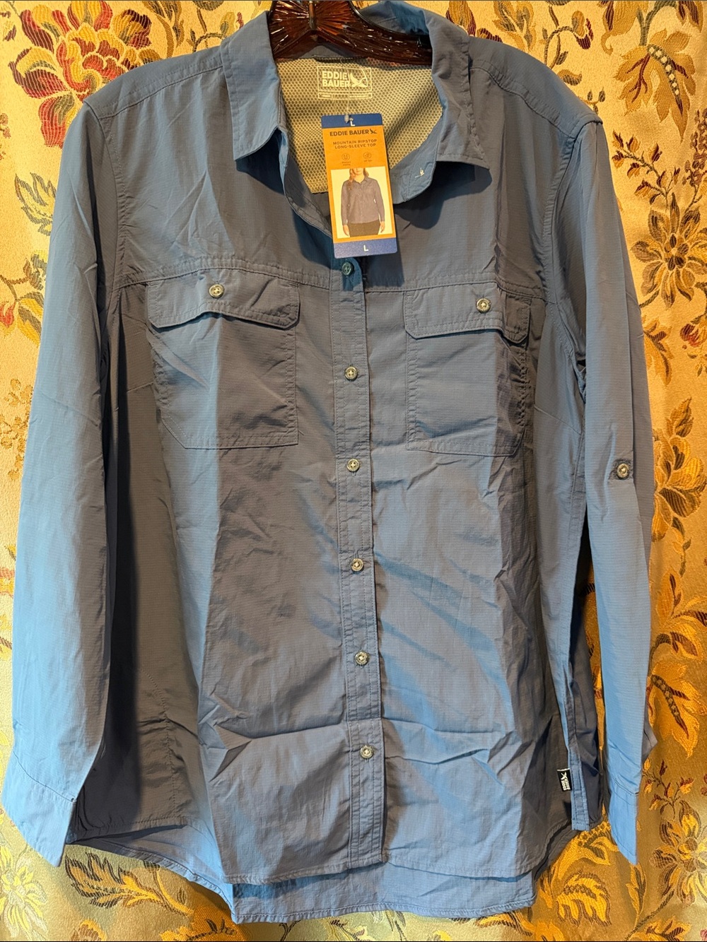 Eddie Bauer Women’s Long-Sleeve Blue Button-Up Shirt UPF 50 Sun Shirt